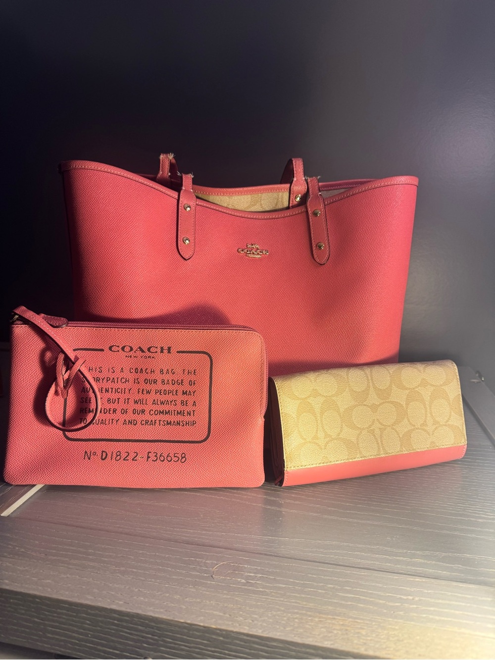 Coach Coral Pink Leather Tote with Matching Wristlet and Signature Canvas Wallet
